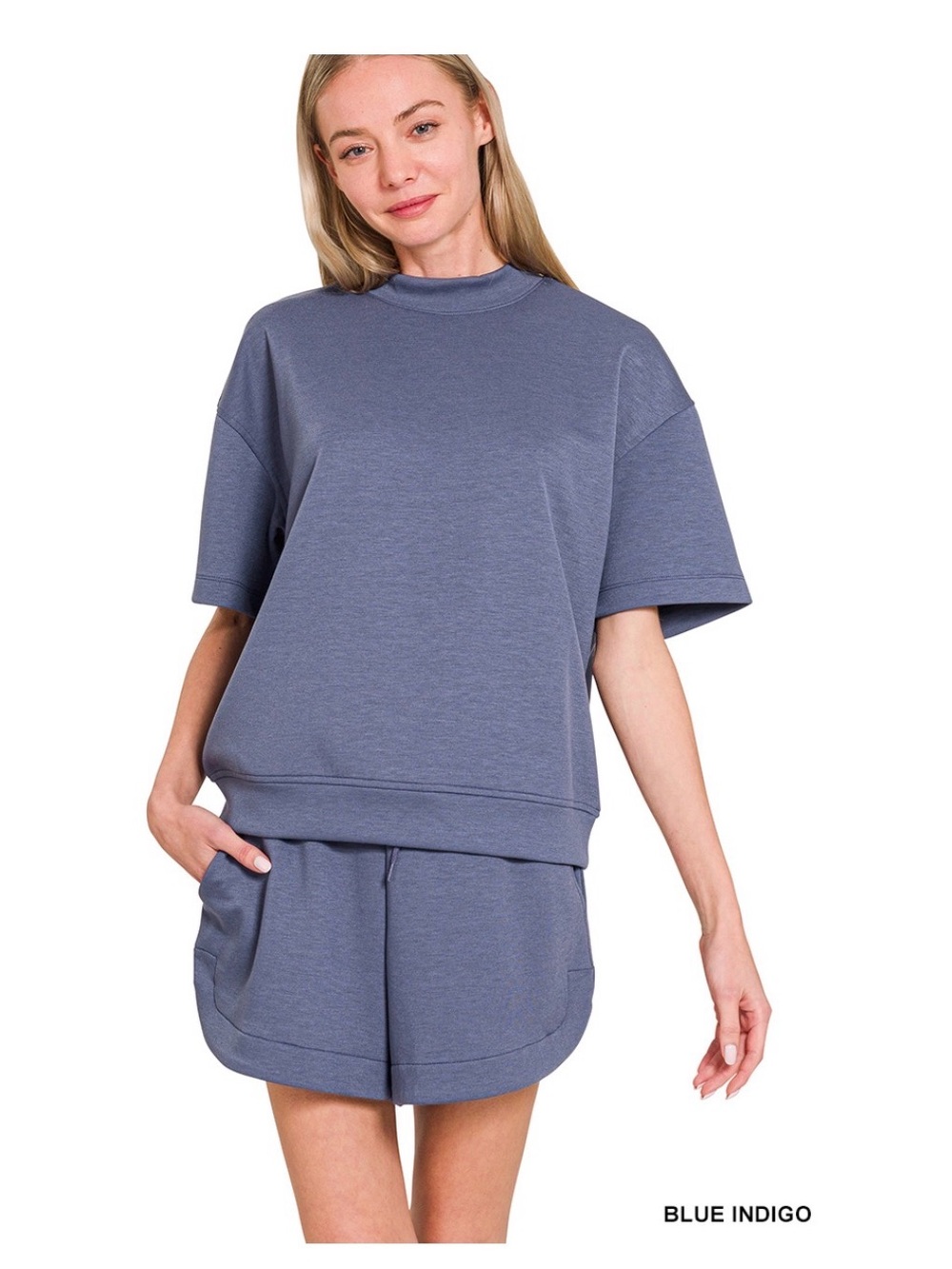 Zenana Blue Indigo Scuba Short Sleeve and Shorts Set